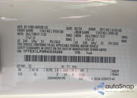 2024 Ford F-150 Xl z USA, uszkodzony, nr VIN 1FTEX1LP0RKD35289